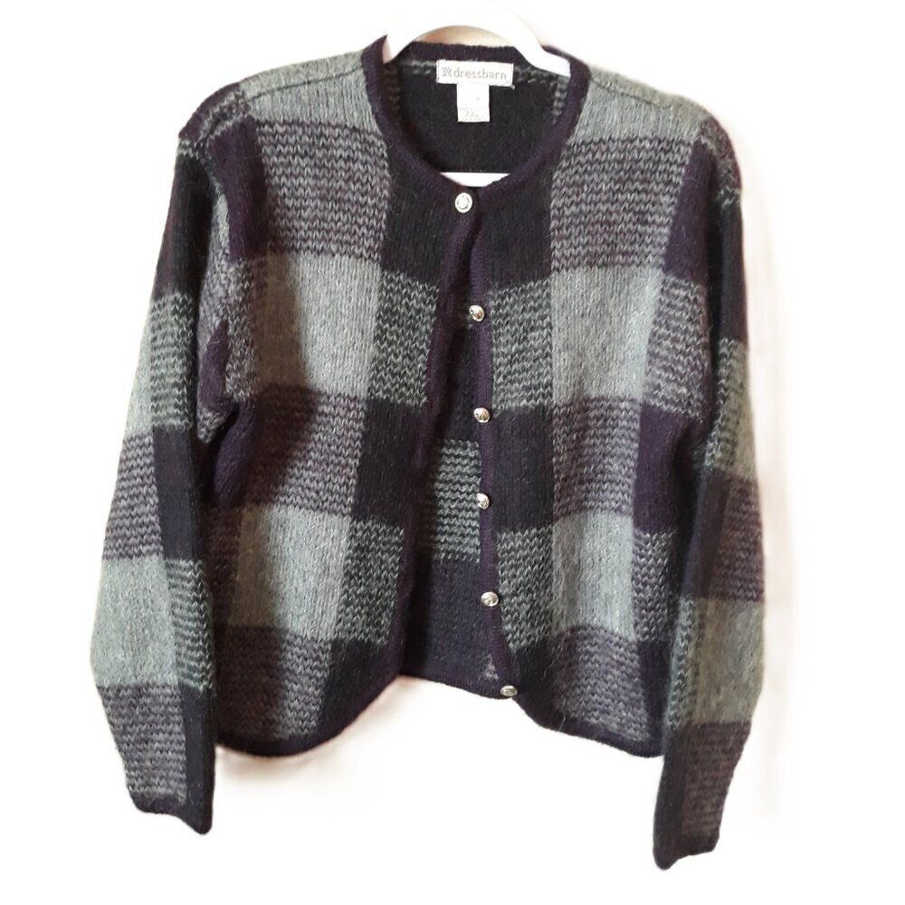 Women's Mohair Blend Plaid Cardigan M Academia Preppy Twee Scandi